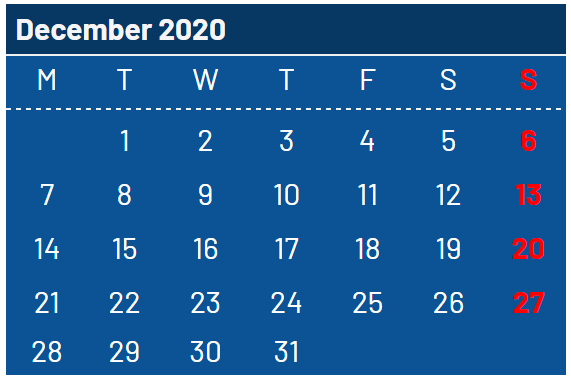 December month Jharkhand Government Calendar 2020