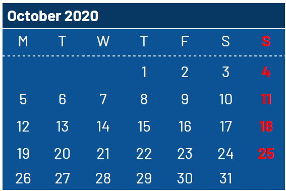 October month Jharkhand Government Calendar 2020